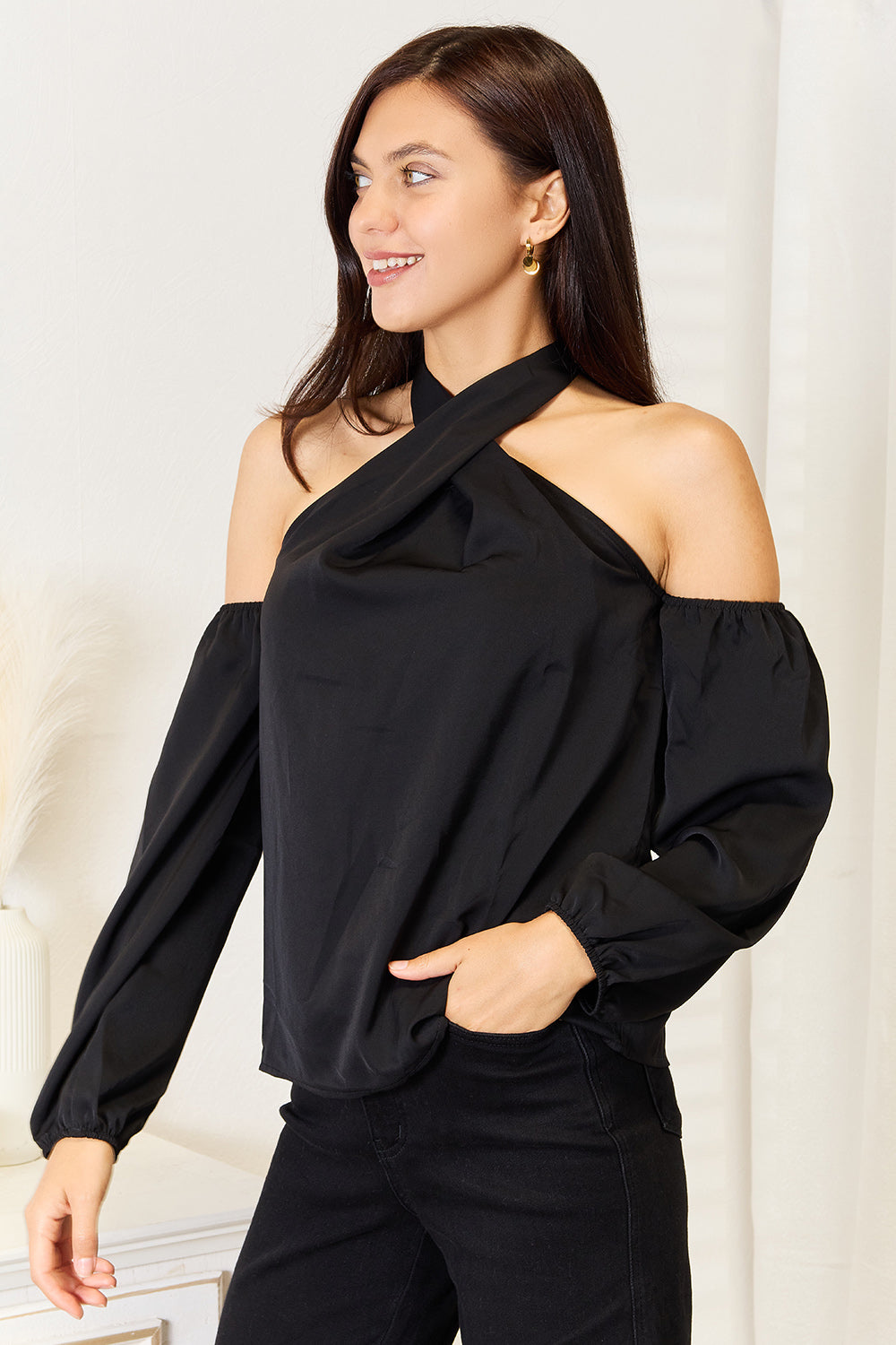 Image of Perfee Grecian Cold Shoulder Long Sleeve Blouse | Queeble.shop
