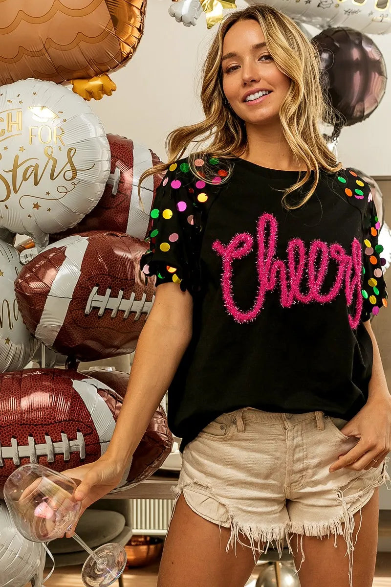 Image of BiBi Metallic Letter Spangle Raglan Puff Sleeve Top | Queeble.shop