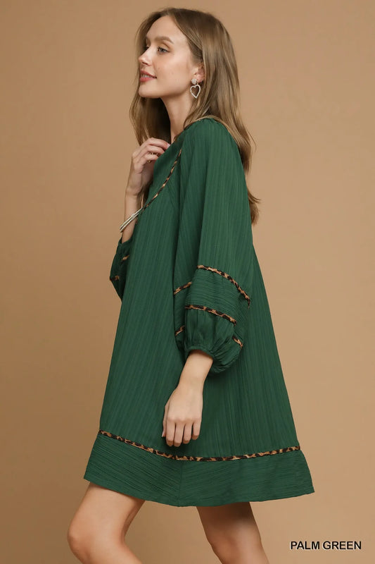 Image of Umgee Textured Babydoll Dress with Leopard Trim | Queeble.shop