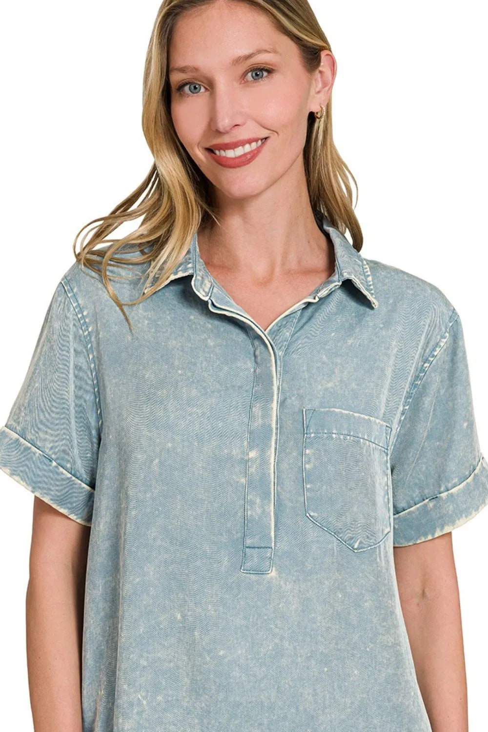 Image of Zenana Tencel Mineral Washed Collared Shirts Dress | Queeble.shop