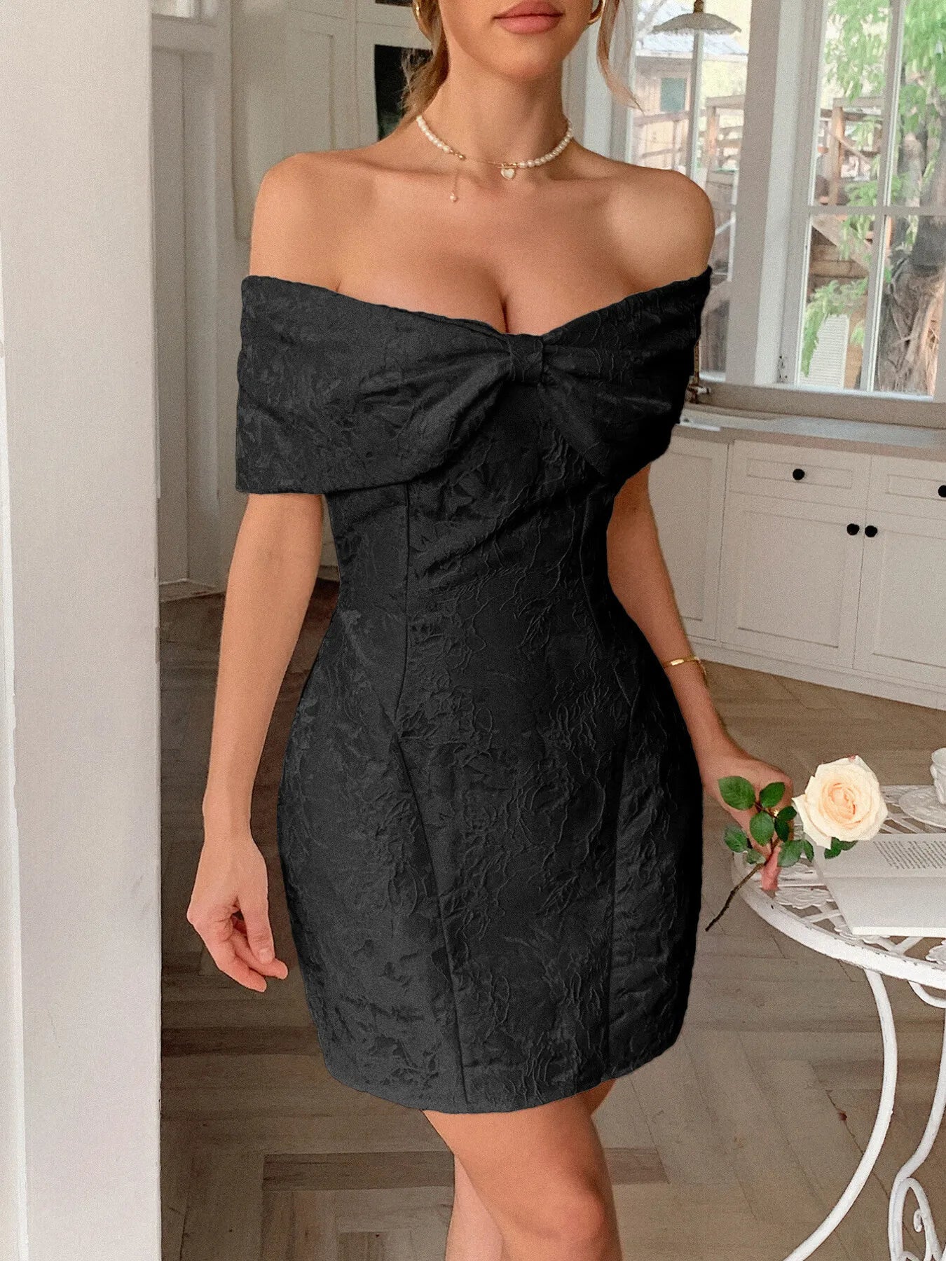 Image of Bow Off-Shoulder Textured Mini Dress | Queeble.shop