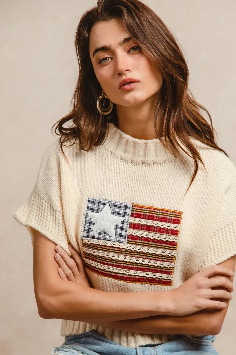 Image of BiBi American Flag Patchwork Drop Shoulder Sweater | Queeble.shop