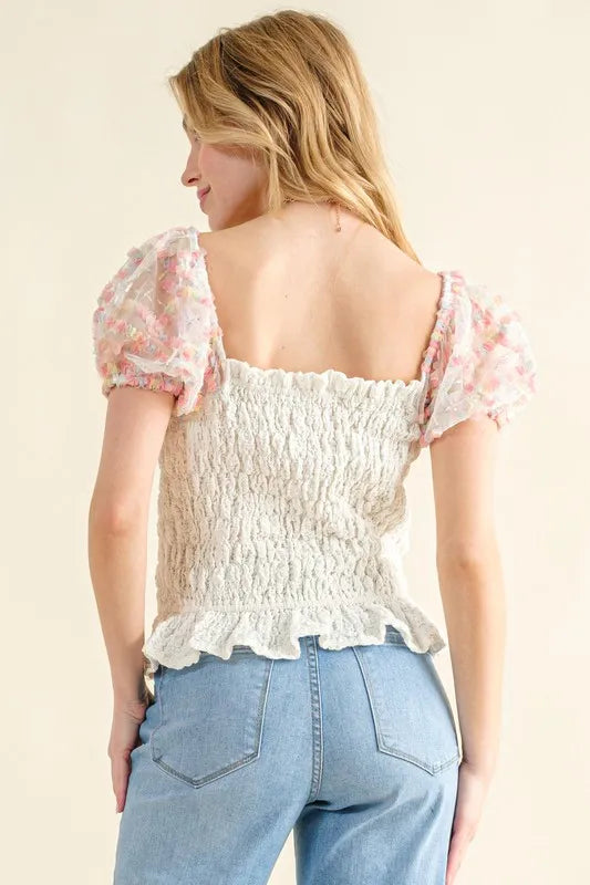 Image of And The Why Embellishment Sleeve Smocked Top | Queeble.shop