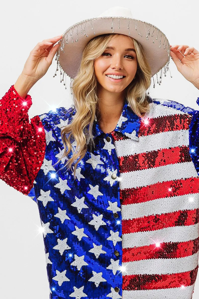Image of BiBi Velvet Sequin American Flag Shirt | Queeble.shop