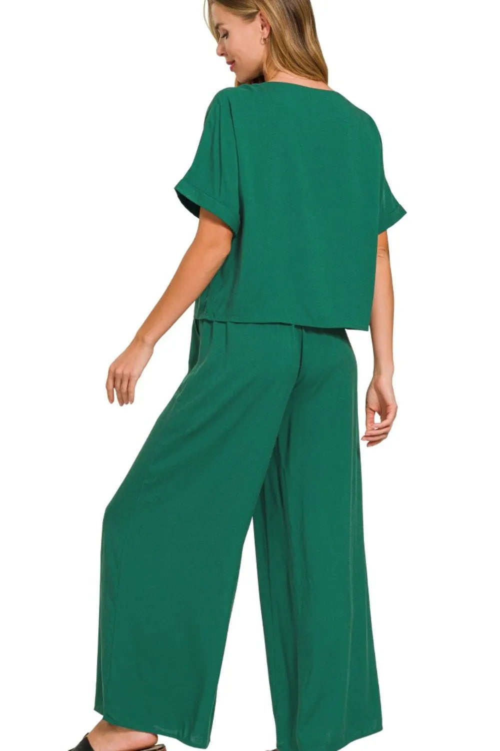Image of Zenana Round Neck T-Shirt and Wide Leg Pants Set | Queeble.shop