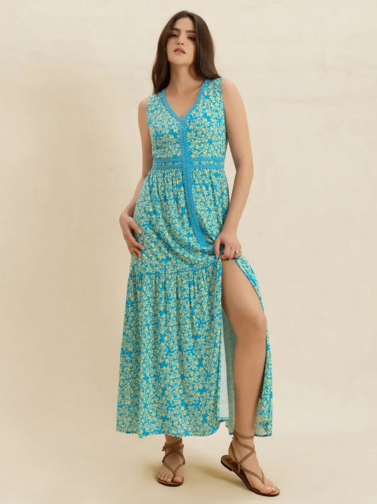 Image of Slit Printed V-Neck Sleeveless Dress | Queeble.shop