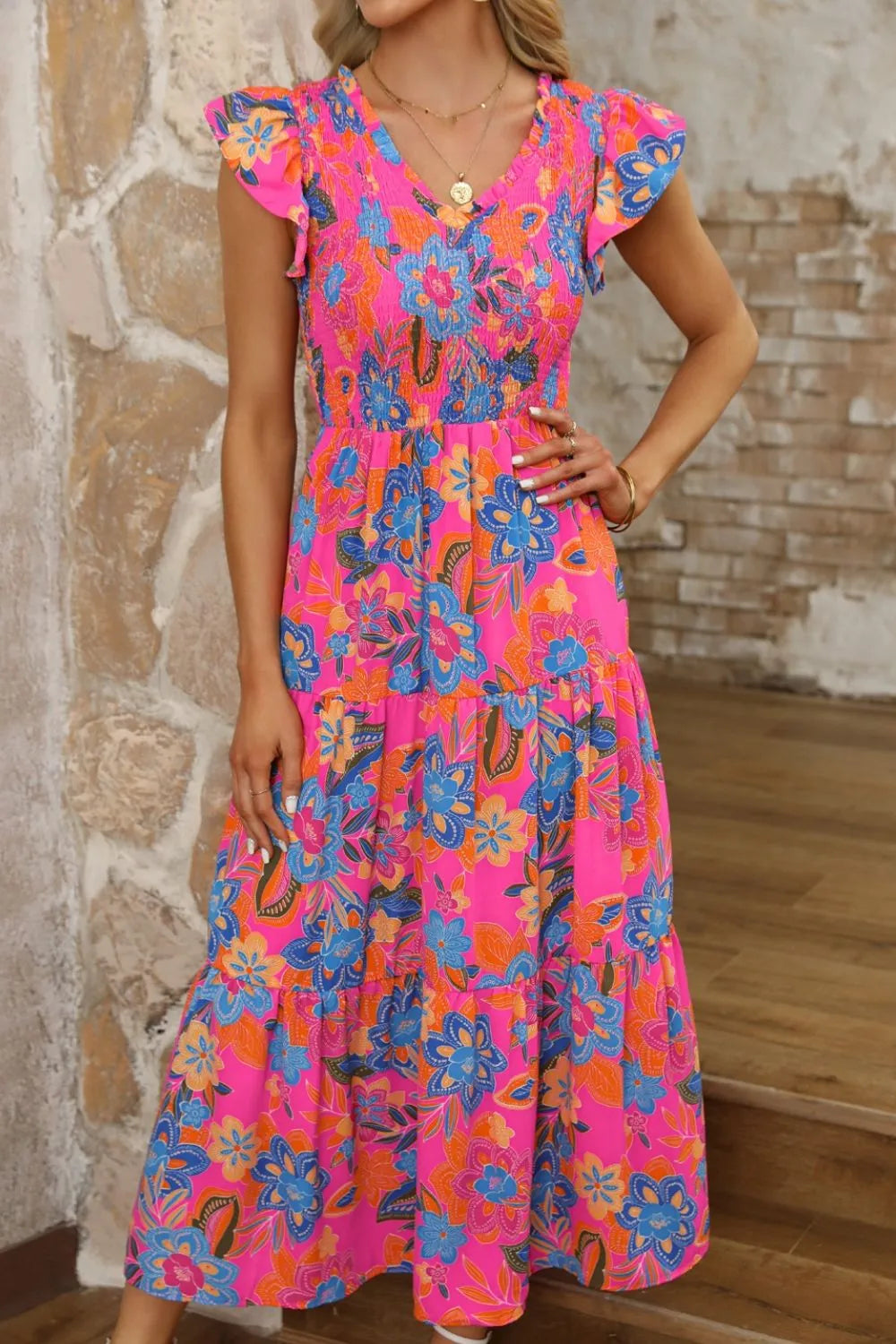 Image of Boho Floral V Neck Ruffle Tiered Dress | Queeble.shop