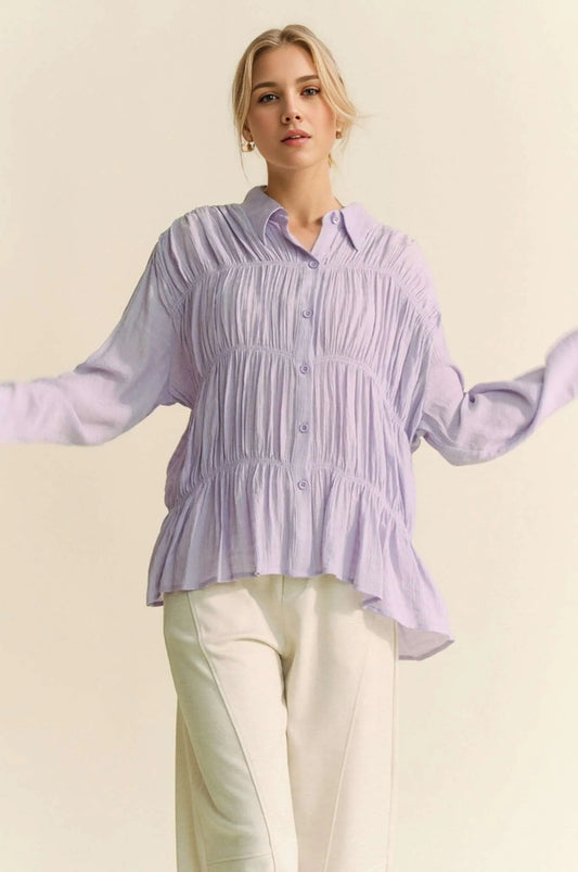 Image of Davi & Dani Ruched All Over Button Front Shirt | Queeble.shop