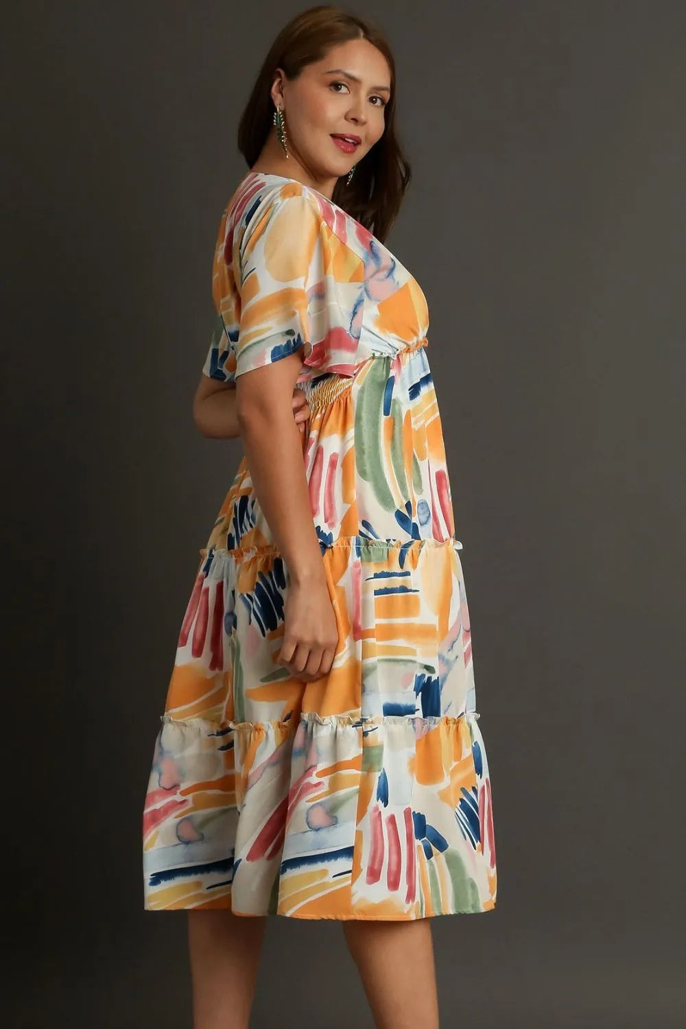 Image of Umgee Full Size Abstract Print Flutter Sleeve Frill Tiered Midi Dress Plus Size | Queeble.shop