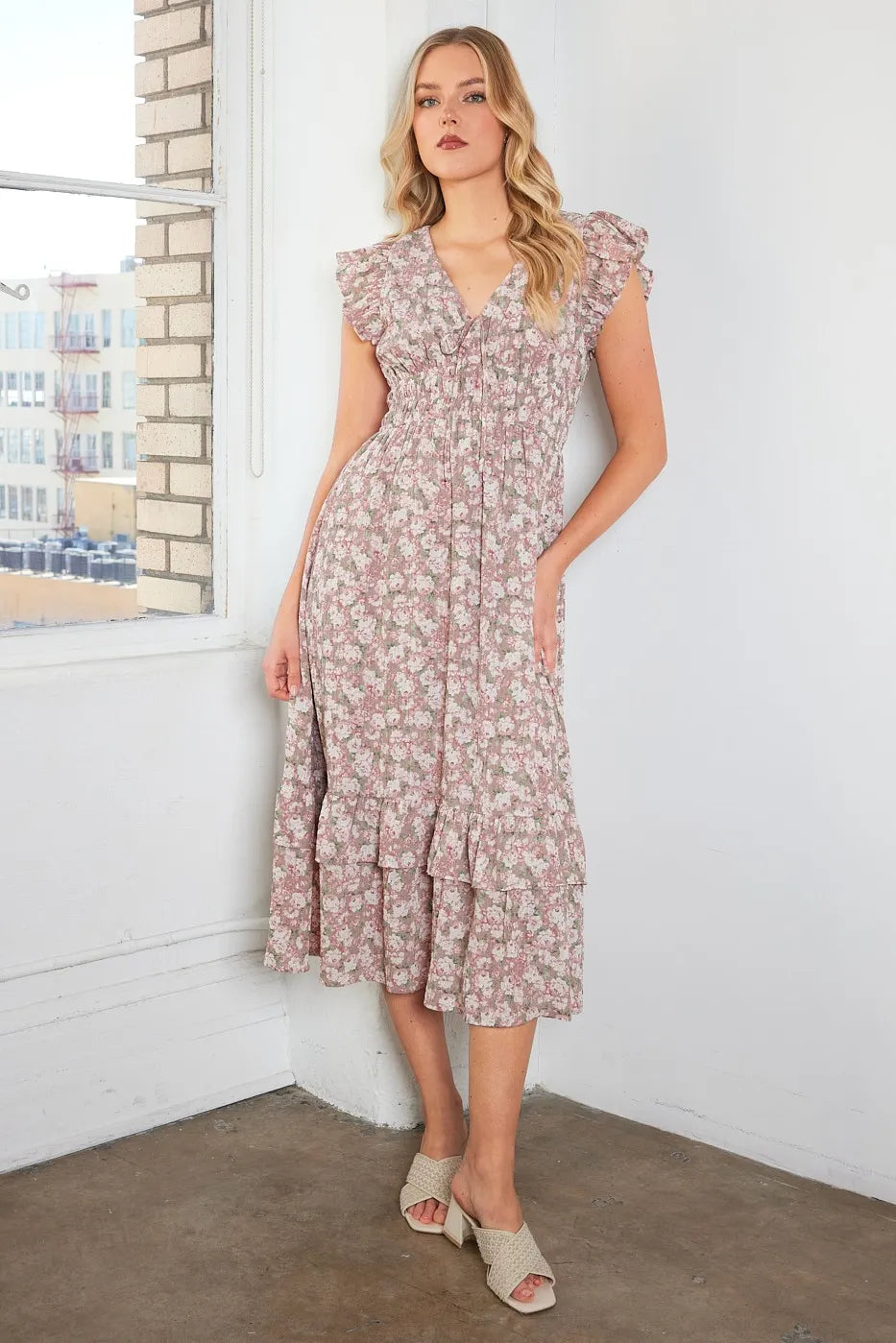 Image of Mittoshop Flower Print Ruffle Cap Sleeve V-neck Midi Dress | Queeble.shop