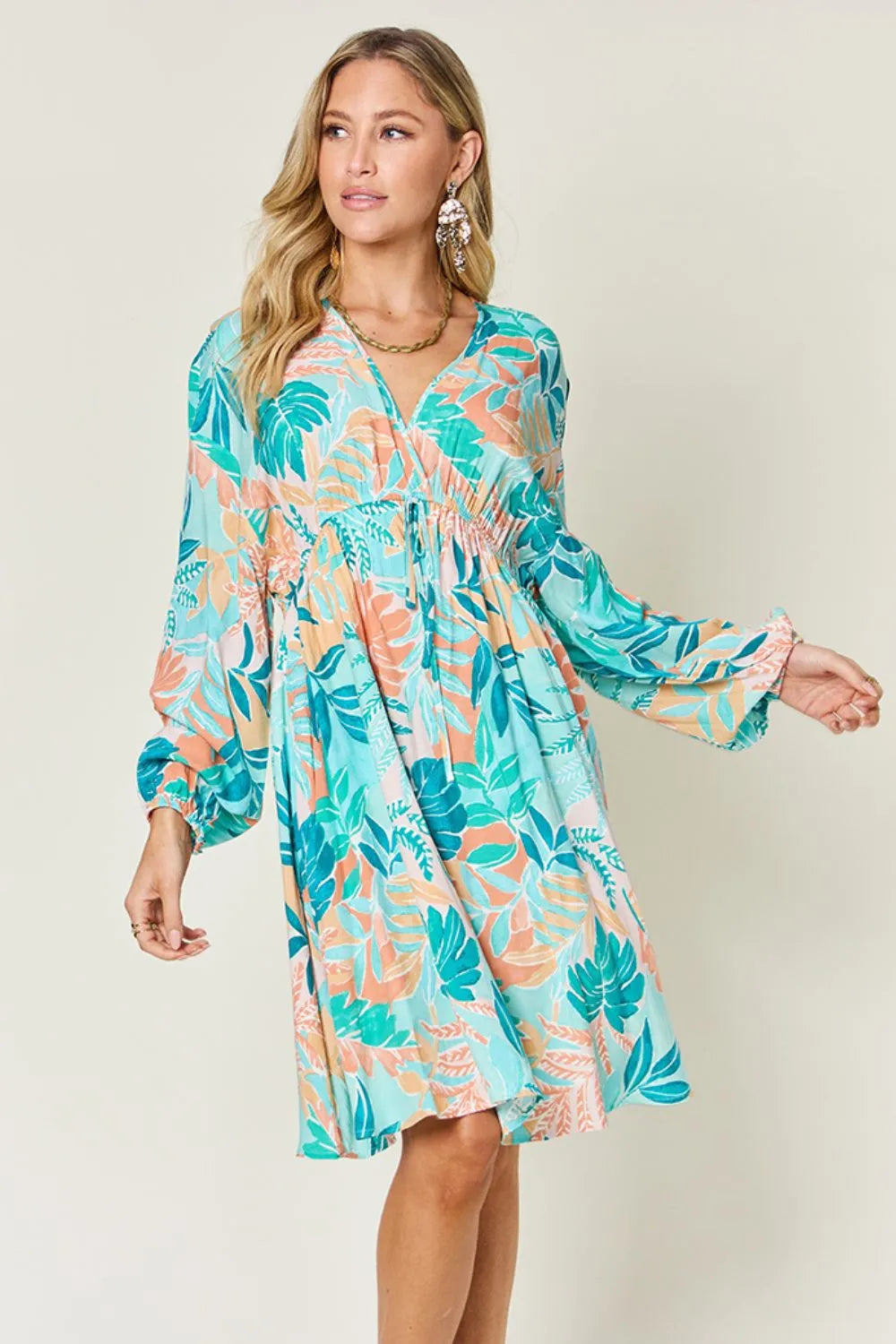 Image of Double Take Full Size Printed V-Neck Drawstring Dress | Queeble.shop