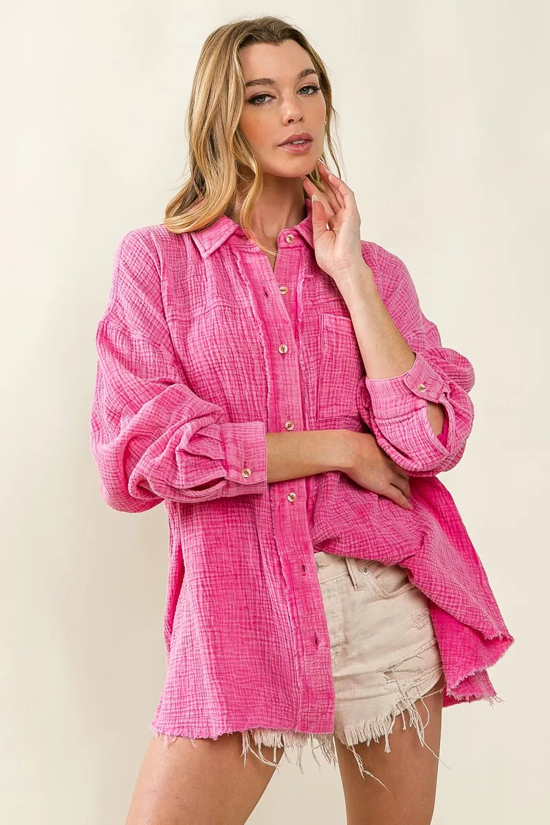 Image of BiBi Raw Edge Detailed Mineral Washed Loose Fit Shirt | Queeble.shop