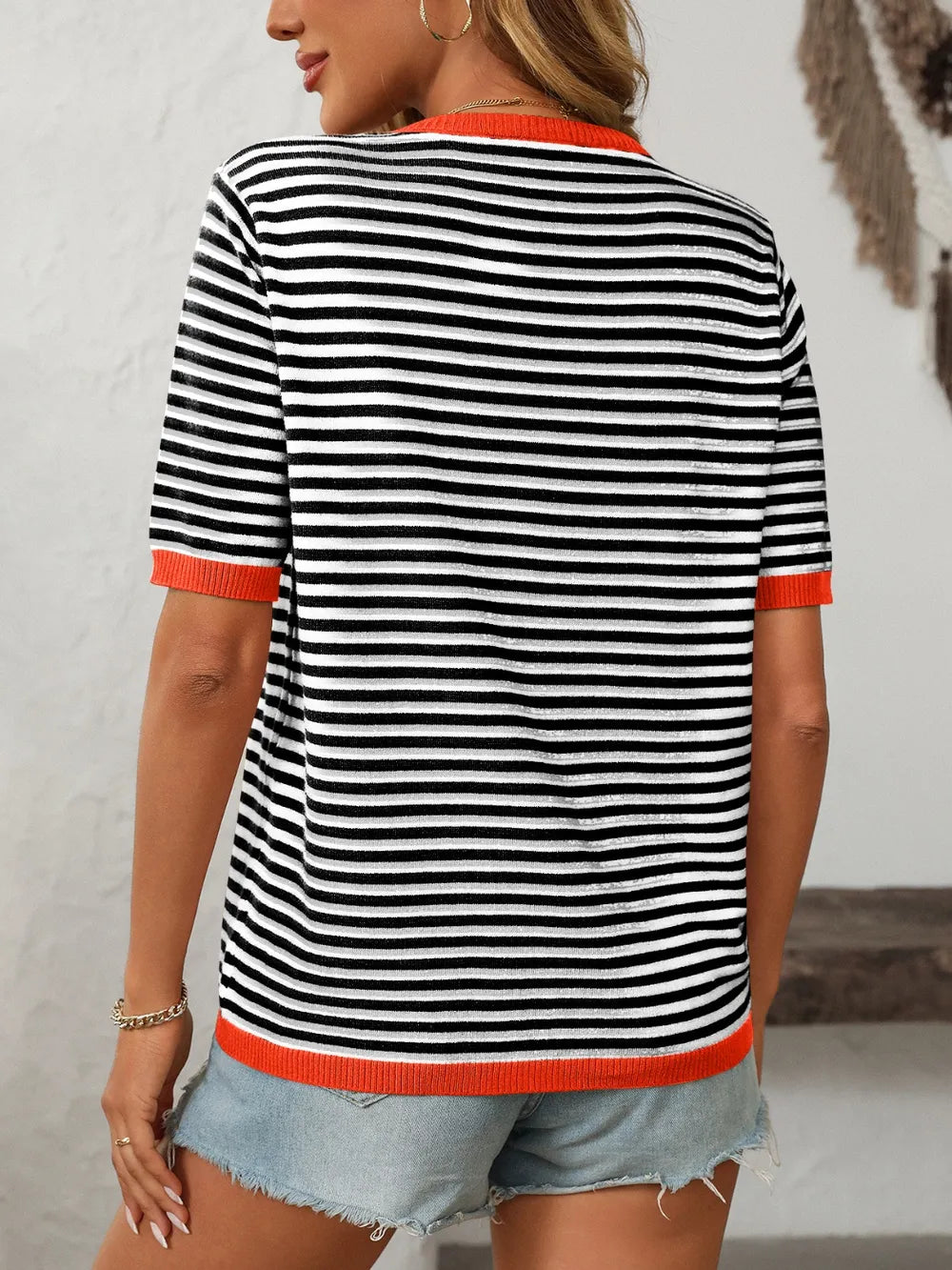 Image of Mandy Striped Round Neck Half Sleeve Knit Top | Queeble.shop