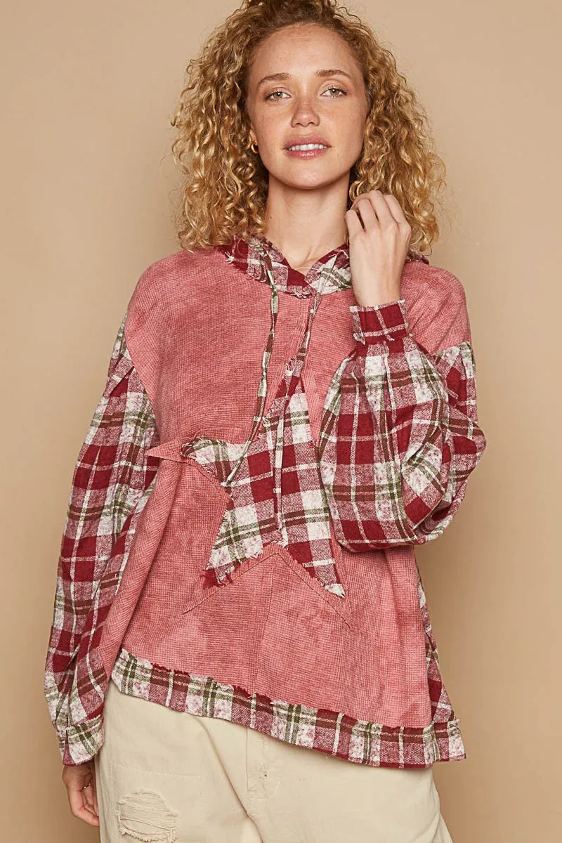 Image of POL Star Patch Plaid Long Sleeve Hooded Top | Queeble.shop