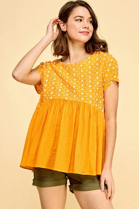 Image of Lime 'N' Chili Embroidered Short Sleeve Pleated Babydoll Top | Queeble.shop