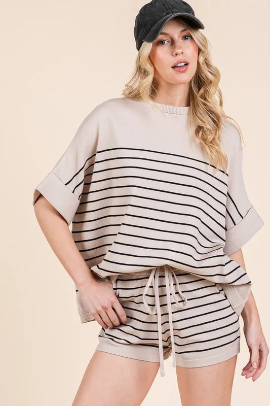 Image of Lime 'N' Chili Striped Folded Half Sleeve Top and Shorts Set | Queeble.shop