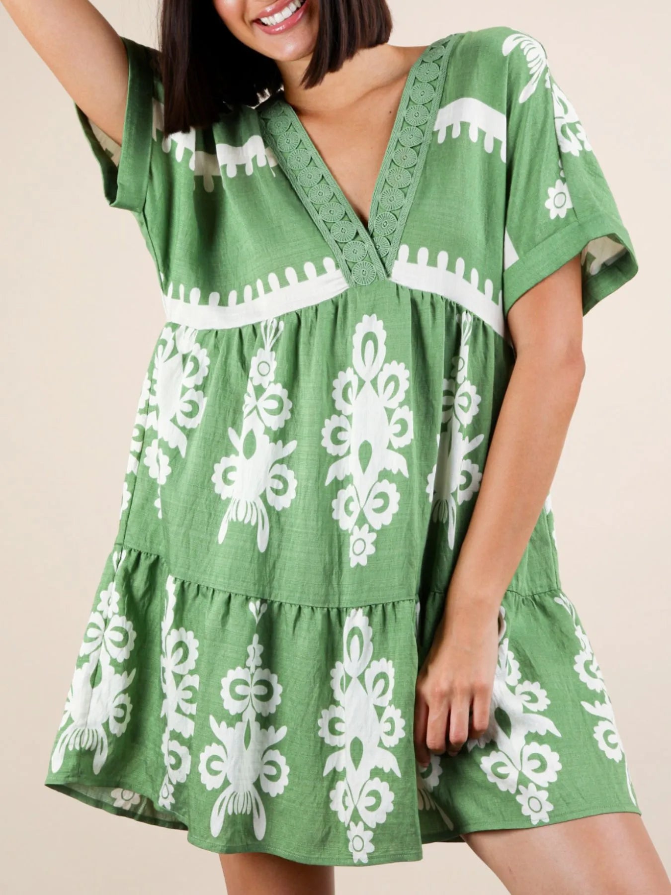 Image of Printed V-Neck Short Sleeve Mini Dress | Queeble.shop