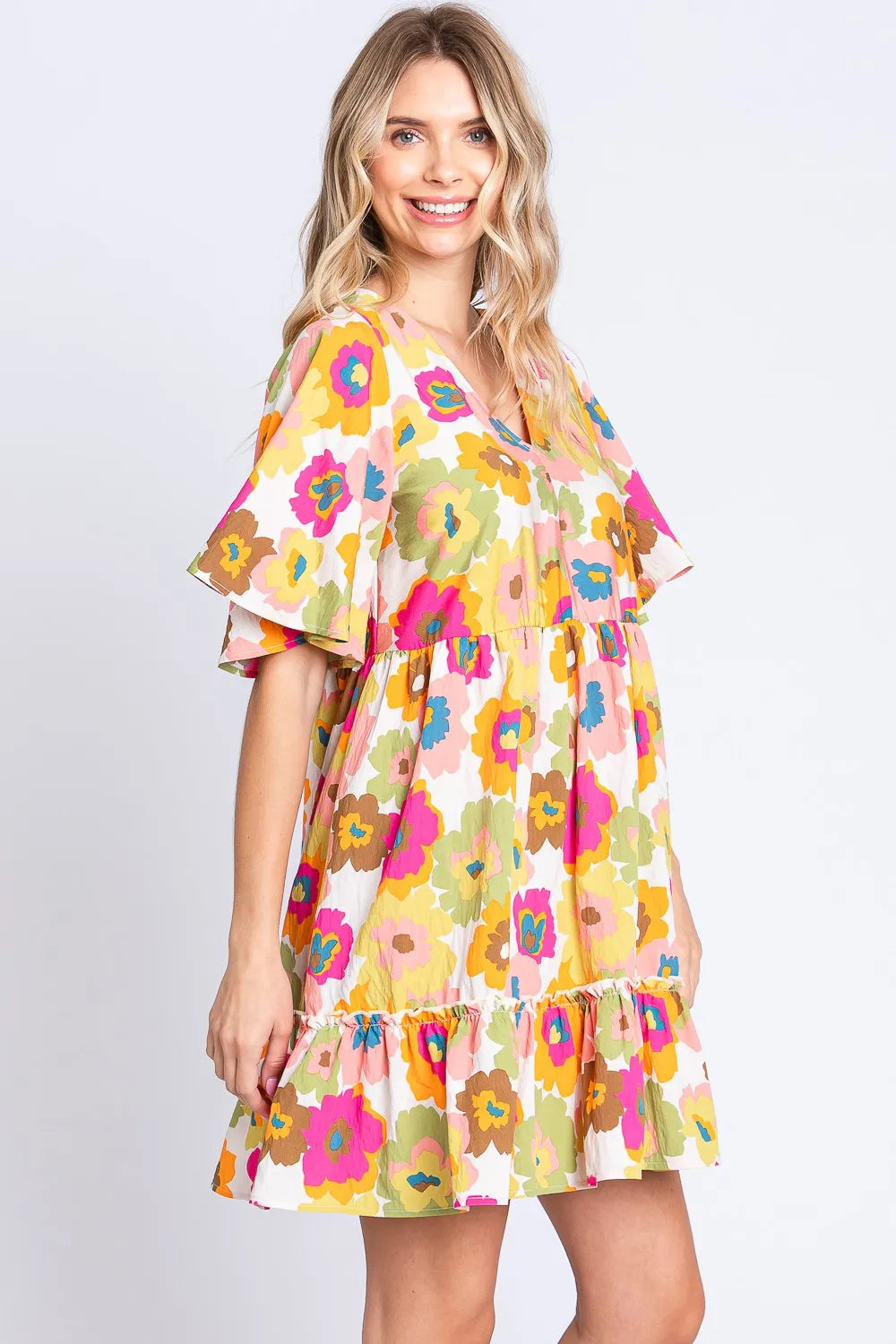 Image of GeeGee Floral V-Neck Ruffle Hem Mini Dress | Queeble.shop