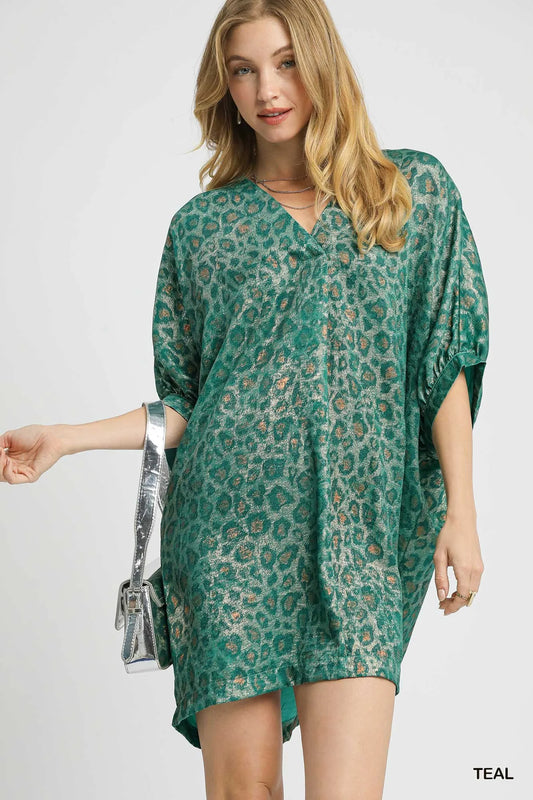 Image of Umgee Metallic Leopard Print V-Neck Kimono Dress | Queeble.shop
