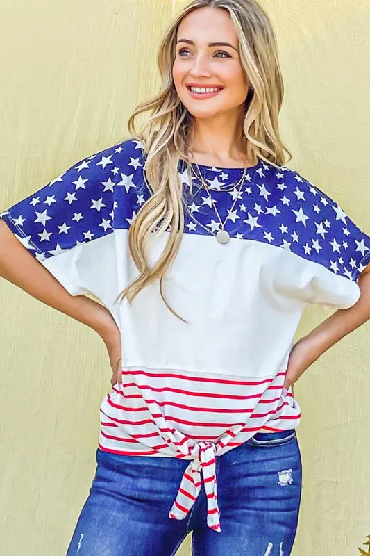 Image of And The Why American Flag Print Tie Knot Front Casual Top | Queeble.shop