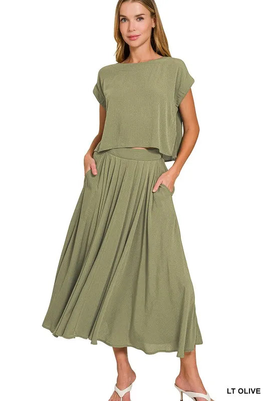Image of Zenana Woven Crinkle Gauze Crop Tee and Skirt Set | Queeble.shop