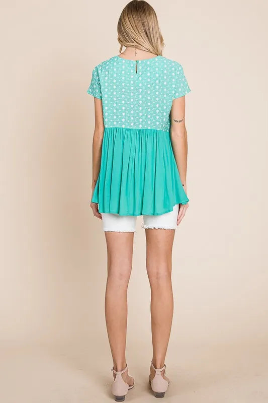 Image of Lime 'N' Chili Full Size Embroidered Short Sleeve Pleated Babydoll Top Plus Size | Queeble.shop