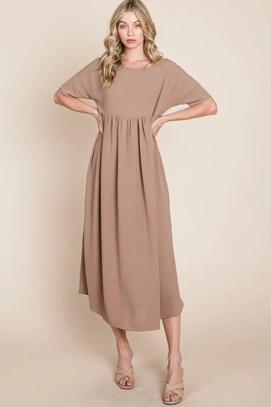Image of BOMBOM Round Neck Ruched Midi Dress | Queeble.shop