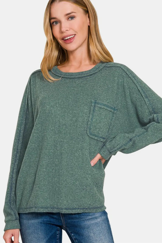 Image of Zenana Full Size Contrast Stitching Brushed Ribbed Hacci Knit Top | Queeble.shop