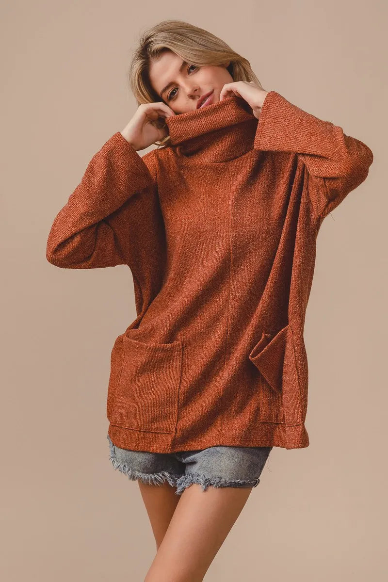 Image of BiBi Piper Rib Double Pocket Turtle Neck Sweater | Queeble.shop