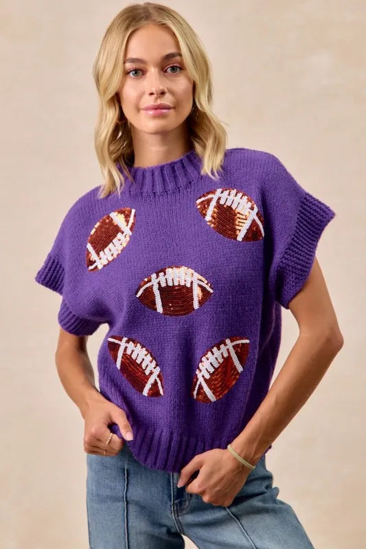 Image of BiBi Gameday Sequin Football Patches Rib Banded Sweater | Queeble.shop