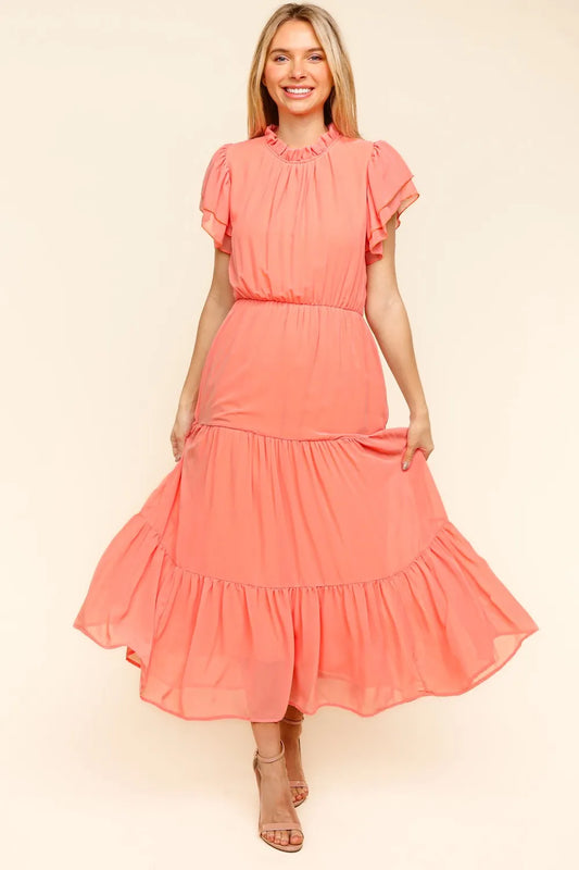 Image of Haptics Full Size Tiered Frill Mock Neck Short Sleeve Dress | Queeble.shop