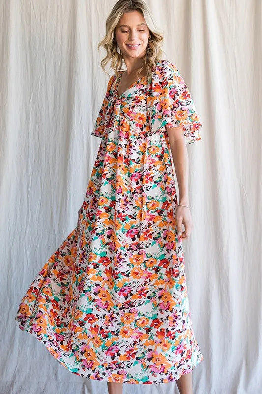 Image of Lime 'N' Chili Floral Print Sweetheart Neck Tie Front Midi Dress | Queeble.shop