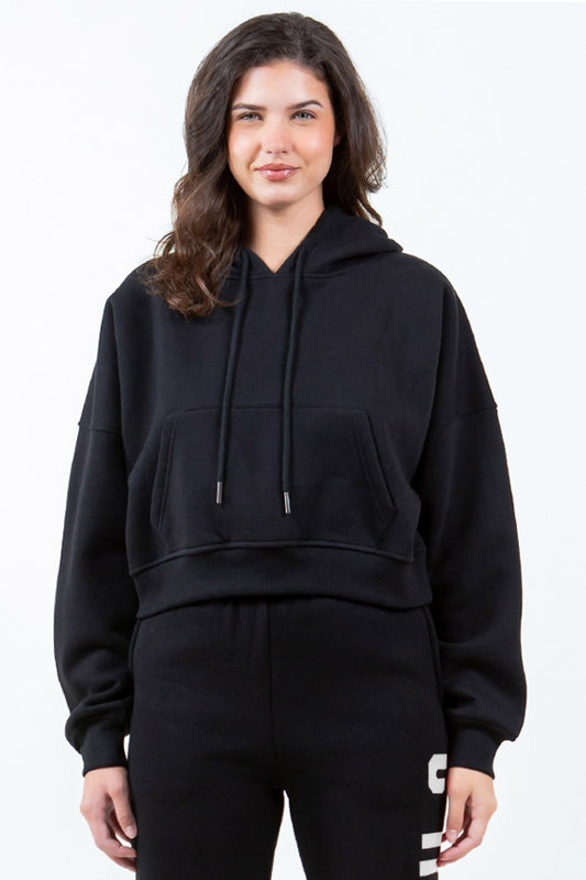Image of American Bazi Letter Graphic Long Sleeve Drawstring Cropped Hoodie | Queeble.shop