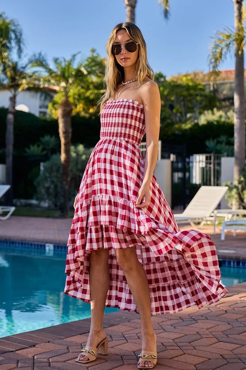 Image of BiBi Smocked Body Off Shoulder Check Dress | Queeble.shop