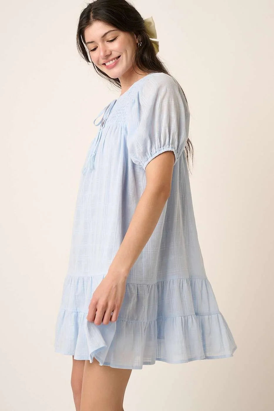 Image of Mittoshop Tassel Tie Plaid Gauze Short Sleeve Mini Dress | Queeble.shop