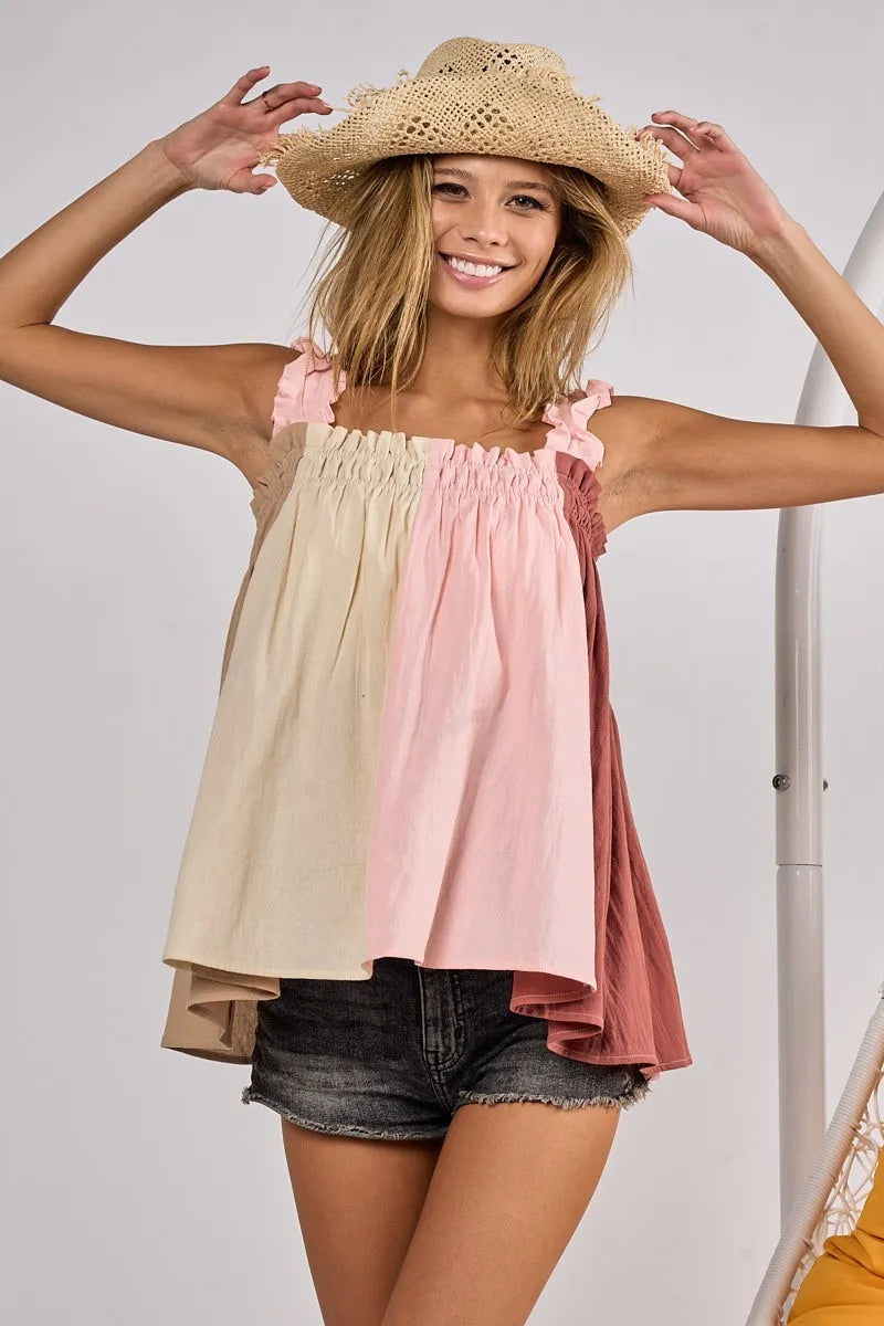 Image of BiBi Frill Shoulder Strap Color Block Bodice Top | Queeble.shop