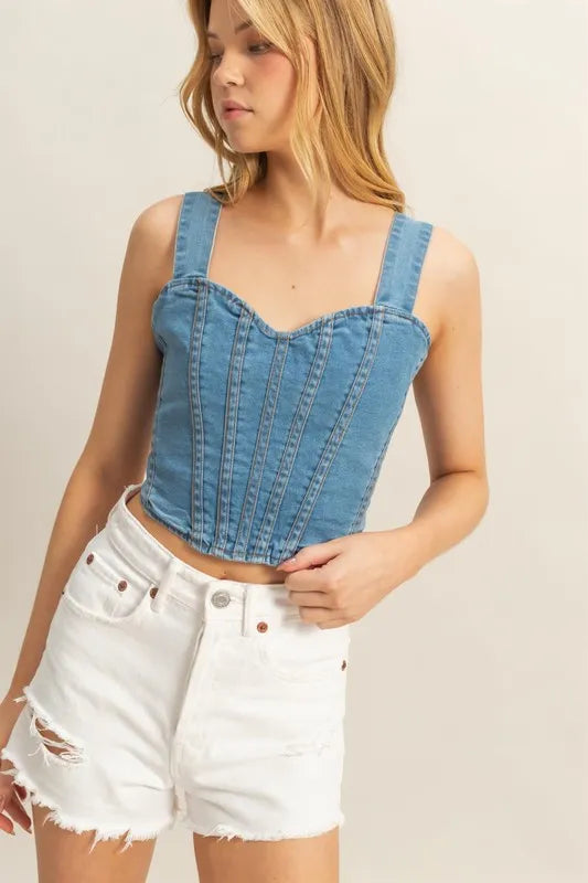 Image of HYFVE Washed Sweetheart Neck Wide Strap Denim Tank | Queeble.shop