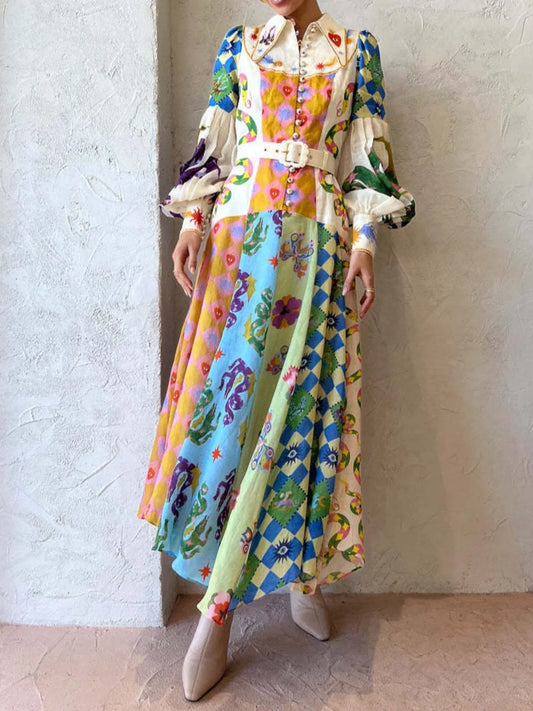 Image of Printed Lantern Sleeve Midi Shirt Dress | Queeble.shop