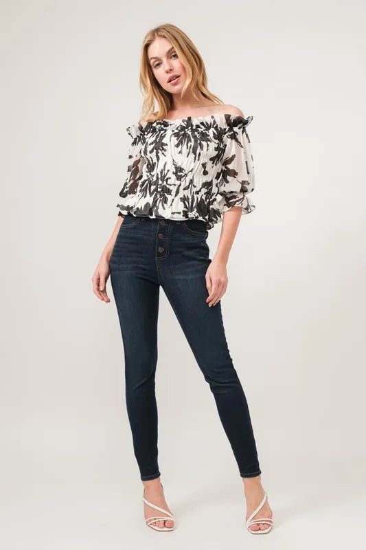 Image of And The Why Smocked Off-Shoulder Floral Printed Top | Queeble.shop