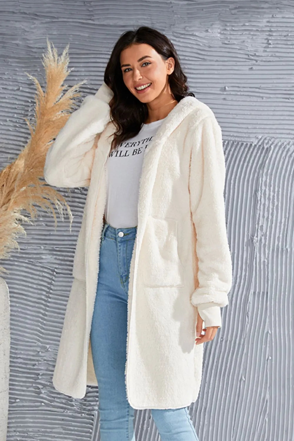 Image of Double Take Full Size Hooded Teddy Bear Jacket with Thumbholes | Queeble.shop