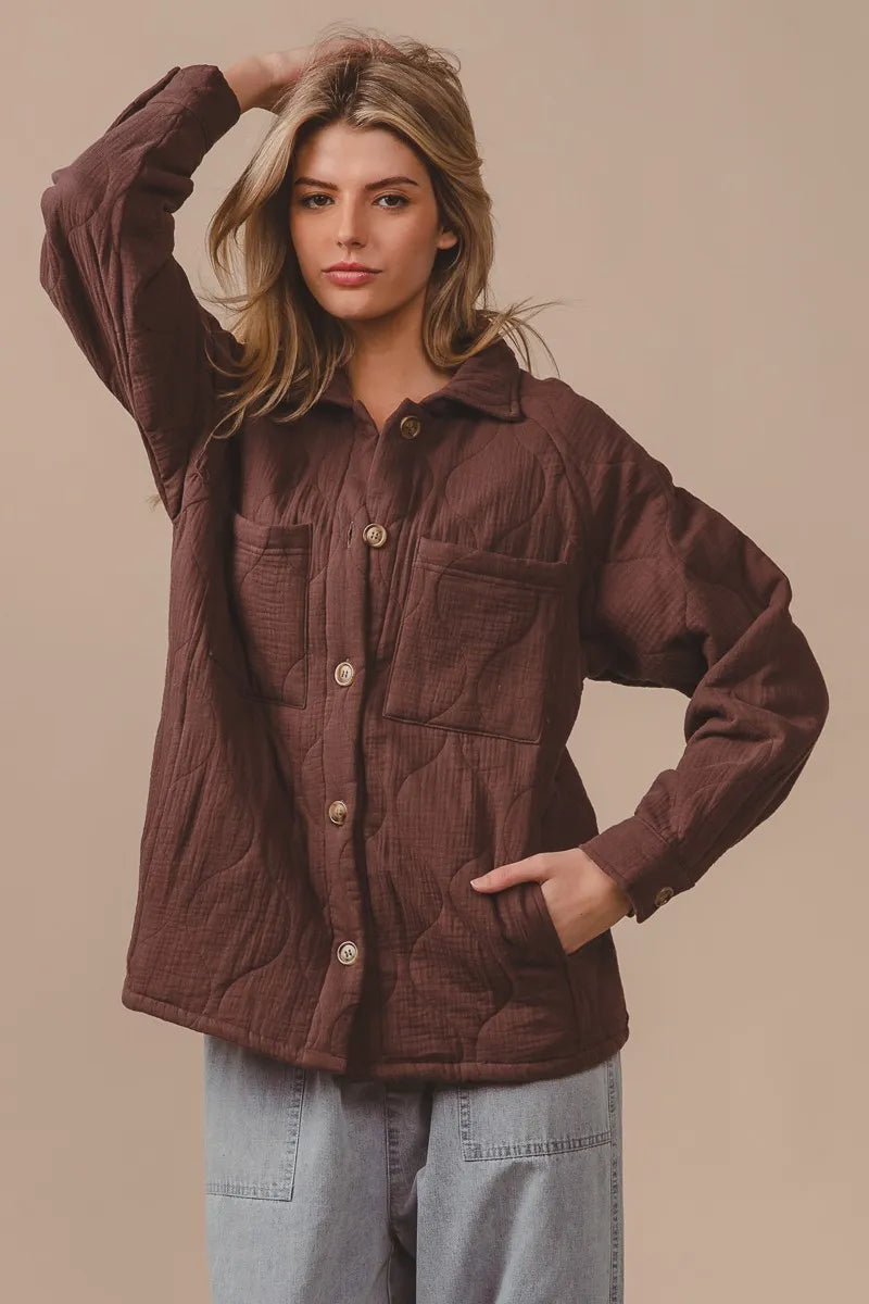 Image of BiBi Quilted Wrinkle Gauze Long Sleeve Shacket | Queeble.shop