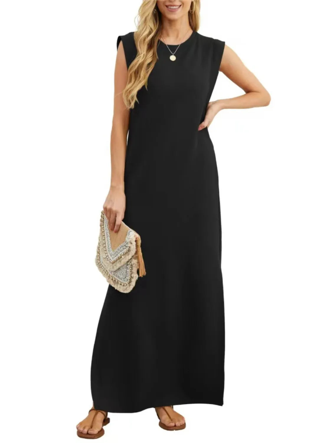 Image of Full Size Slit Round Neck Sleeveless Maxi Tank Dress Plus Size | Queeble.shop