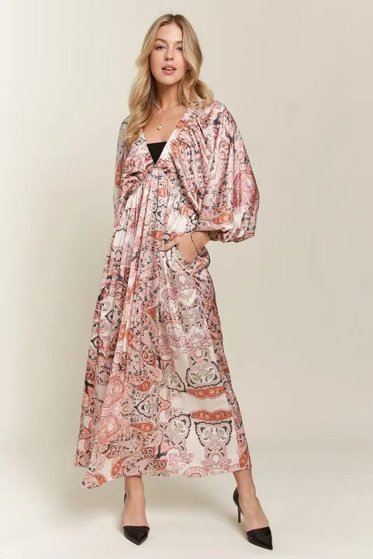 Image of ADORA Printed V-Neck Batwing Sleeve Dress | Queeble.shop
