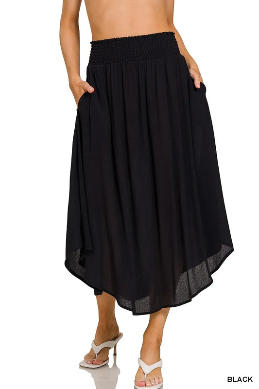 Image of Zenana Woven Crinkle Smocked Waist Maxi Skirt W Pockets | Queeble.shop