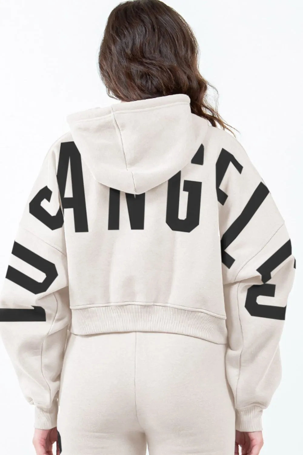 Image of American Bazi Letter Graphic Long Sleeve Drawstring Cropped Hoodie | Queeble.shop