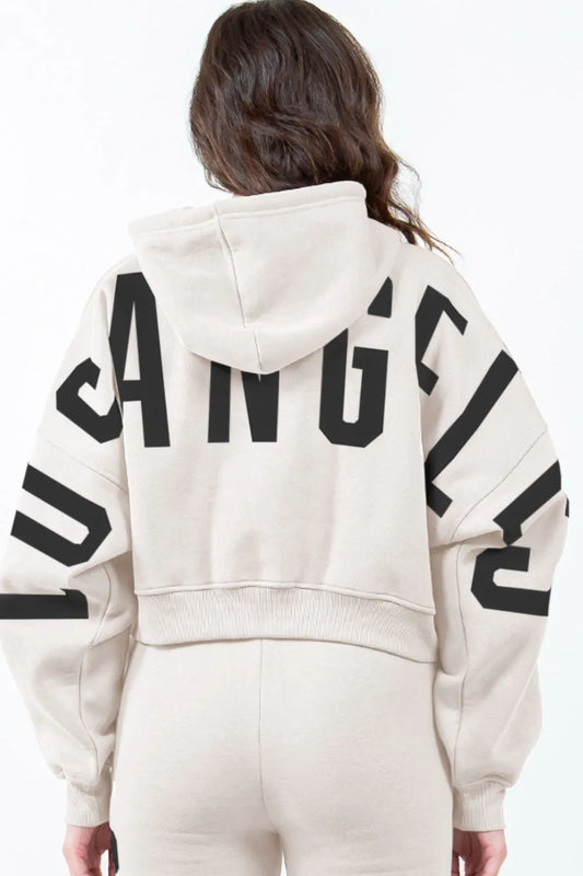 Image of American Bazi Letter Graphic Long Sleeve Drawstring Cropped Hoodie | Queeble.shop