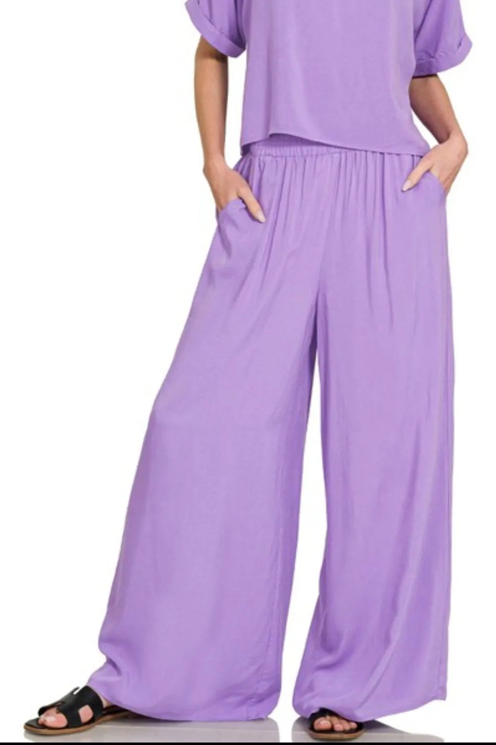 Image of Zenana Round Neck T-Shirt and Wide Leg Pants Set | Queeble.shop