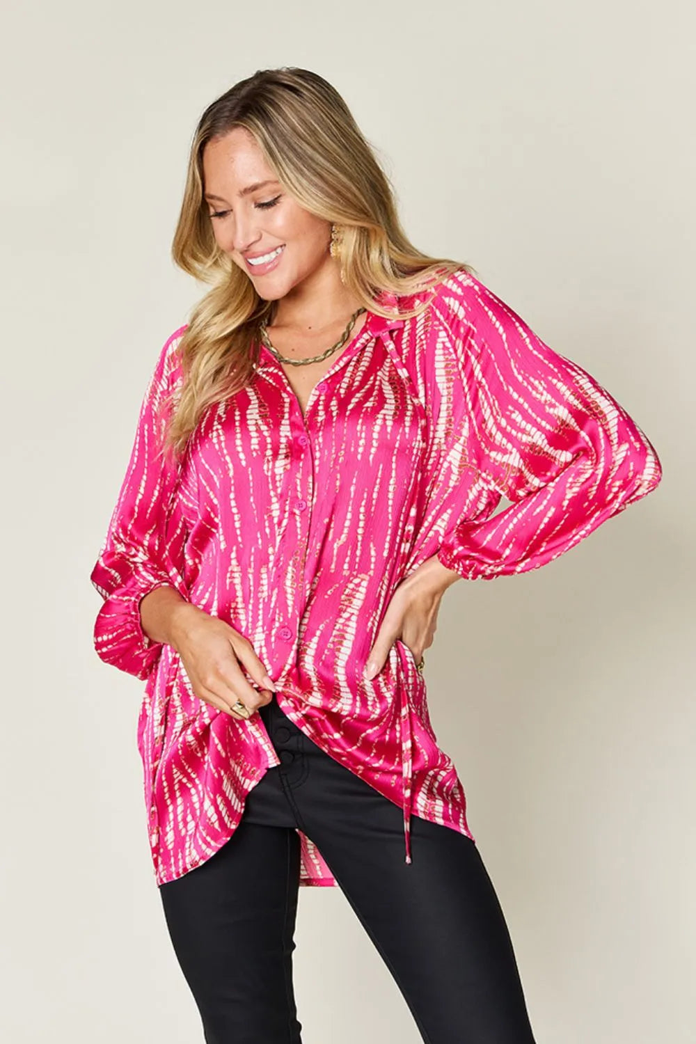 Image of Double Take Full Size Printed Button Up Long Sleeve Shirt | Queeble.shop