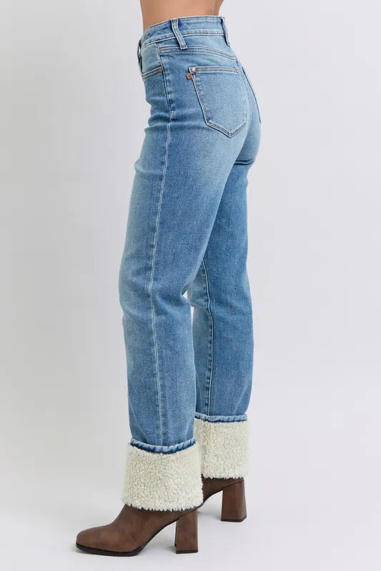 Image of Judy Blue Full Size High Waist Shearling Cuff Straight Plus Size | Queeble.shop