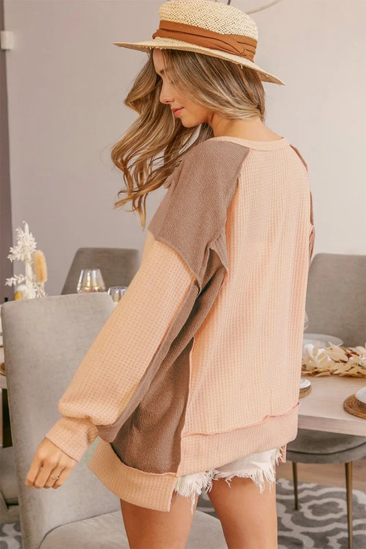Image of BiBi Half Button Exposed Seam Contrast Waffle Top | Queeble.shop